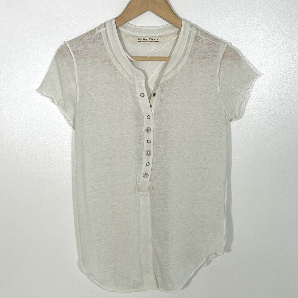 Free People What's Good Henley Top Size Medium Short Sleeve Tee Cotton Linen - Picture 4 of 11